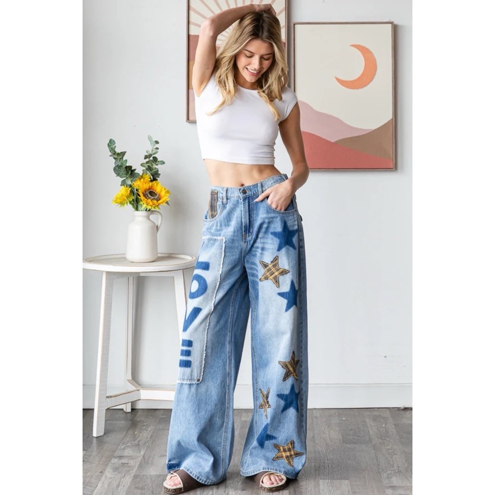 Oli & Hali Washed Star Love Patchwork Jeans with Plaid - Picture 2 of 8